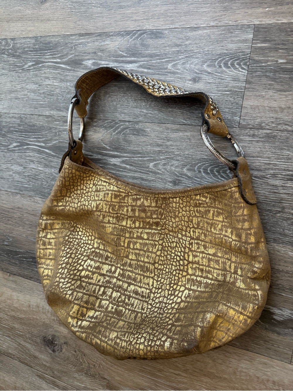 Raviani Gold Croc-Embossed Hobo Shoulder Bag - Stylish Metallic Y2K